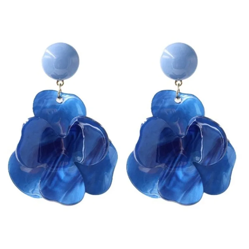 Trendy Klein Blue Flower Statement Earrings Exaggerated Design Women Fashion Ear Clips & Stud Jewelry