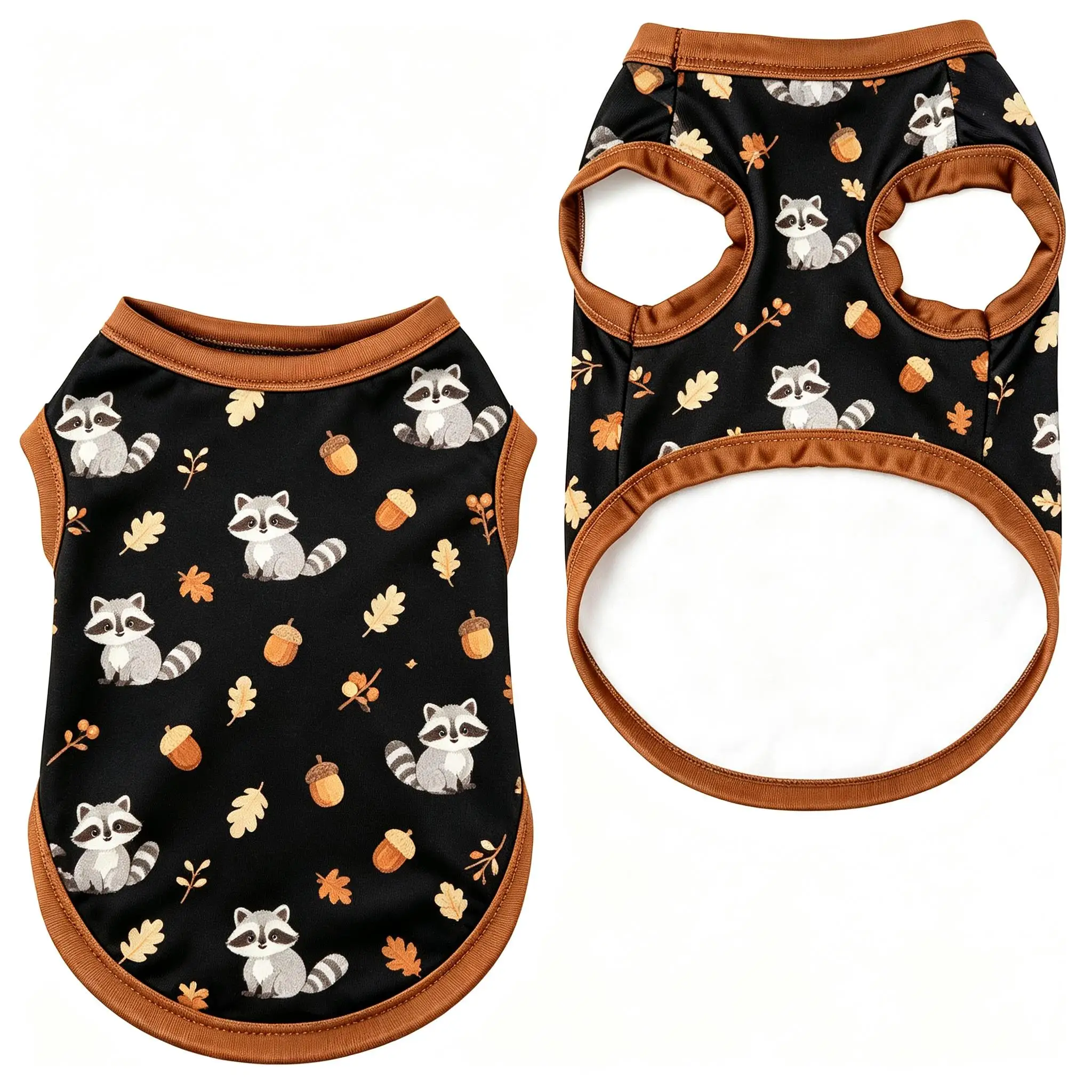 Pet Dog Vest Black Raccoon Acorn Leaf Print Breathable Sleeveless Shirt for Small Medium Dogs Cute Woodland Theme Daily Wear