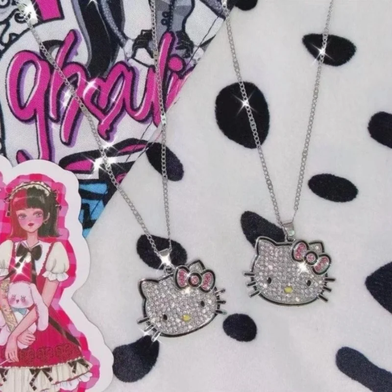 헬로 키티 산리오 목걸이, 체인 합금 실버 크리스탈, 여성 매력 라인스톤 고스 펜던트, 주얼리, 발렌타인 데이 선물