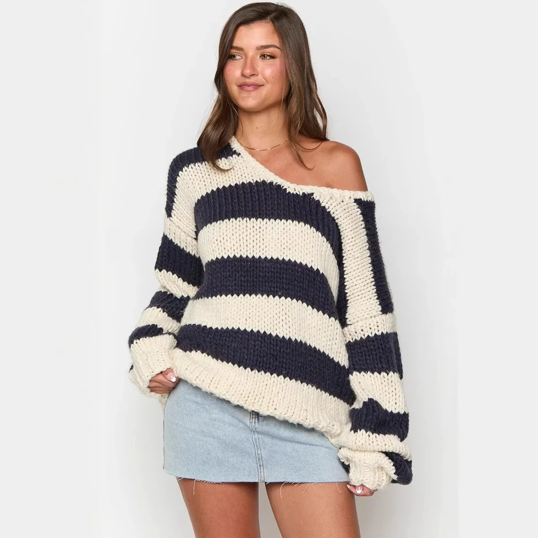 

Women's Striped Sweater Autumn Winter Fashion Casual Loose Knit Sweater Asymmetric Shoulder Niche Dopamine Striped Sweet Top