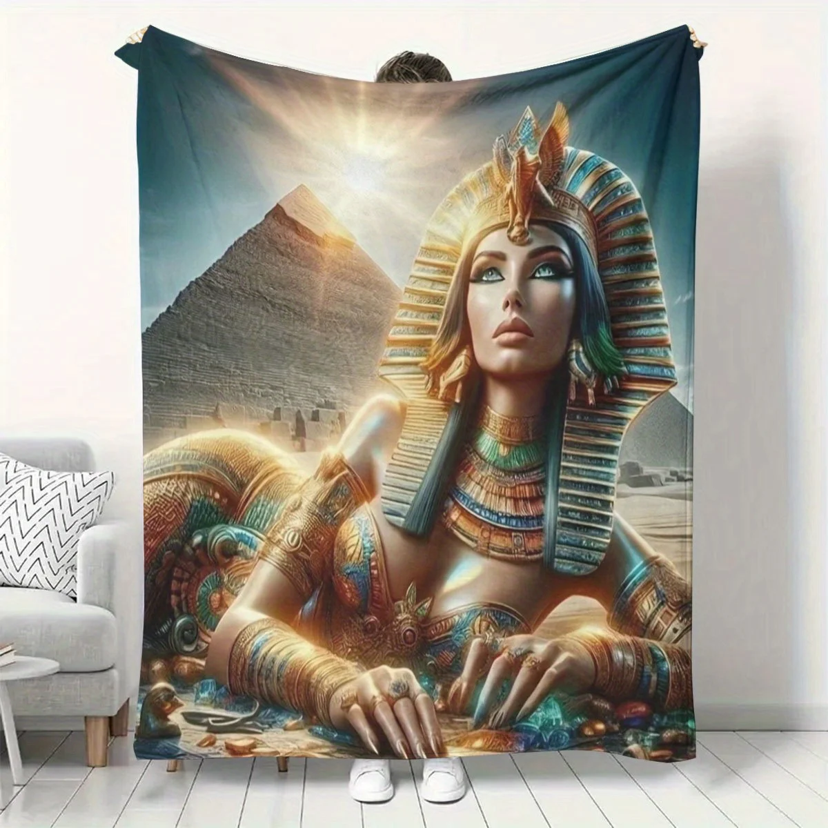 Vibrant Egyptian Queen Flannel Throw Blanket - Soft, Warm Polyester 200-250gsm, Geometric Print with Sunset Pyramid Design, Perf