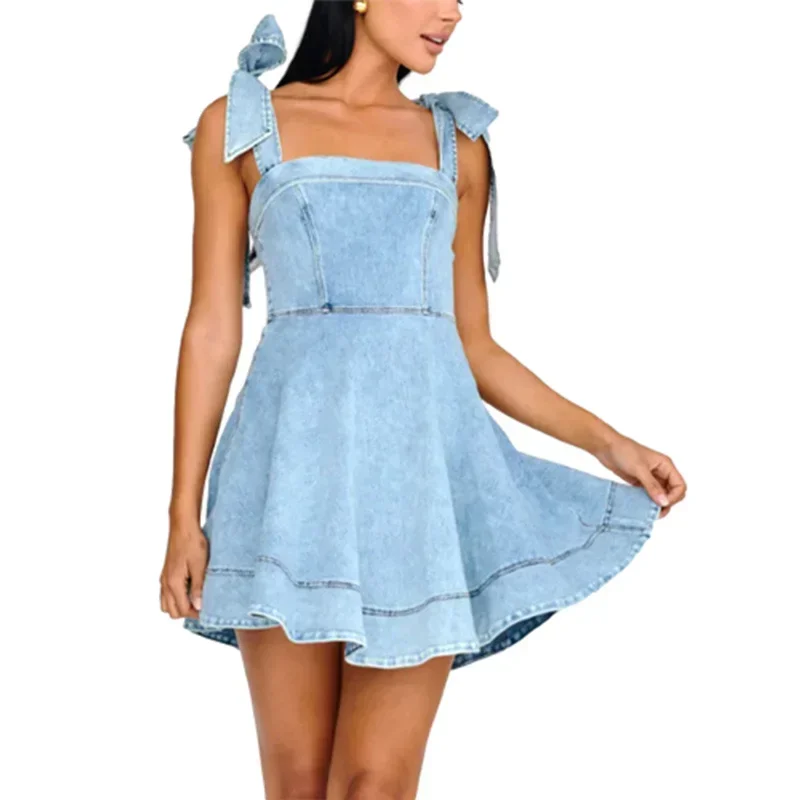 

2024 Fashion Lace-up Shoulder Straps Denim Dresses Summer Casual Backless Dress Female High Waist Suspenders Pleated Short Gown