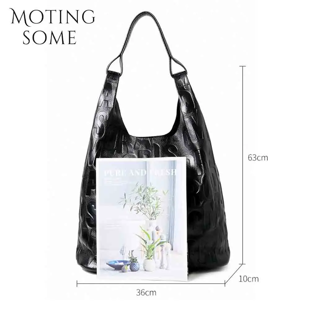 Motingsome 2024 New Frist Layer Cowhide Bag for Women Large Capacity Bucket Letter Print Oversize Handbag Roomy Lady Daily Bags