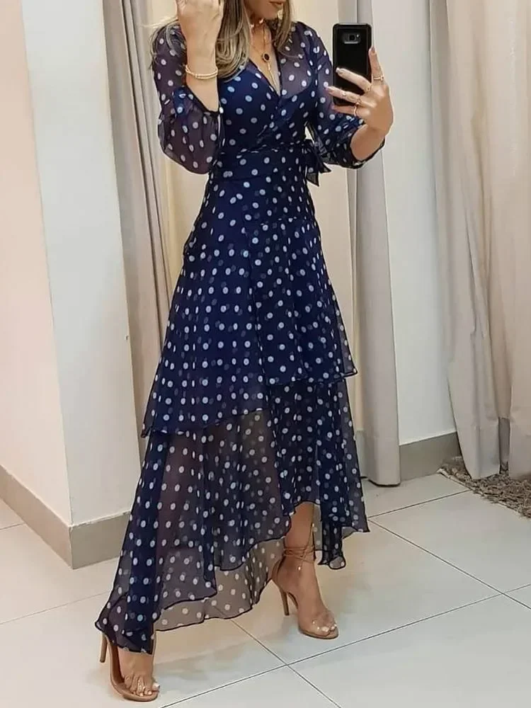 Women Lantern Sleeve Polkadot Print Layered Ruffles Maxi Dress Elegant Fashion Chic Dress