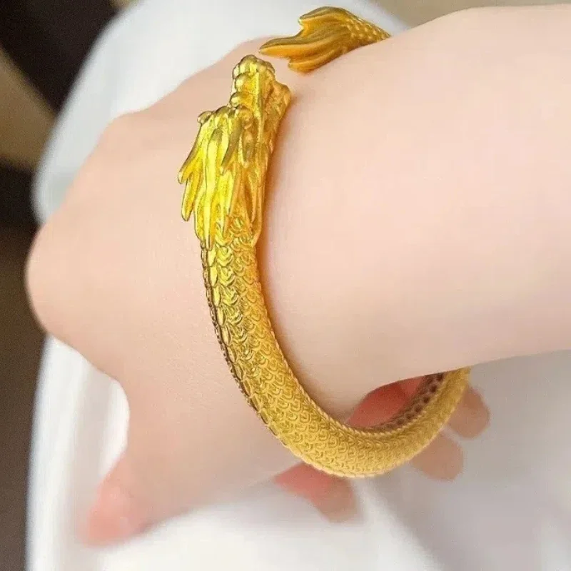 Handmade Brass 18K Real Gold-plated Dragon and Phoenix Bracelet Chinese Zodiac Loong Copper Golden Bangles Blessing Wedding Gift