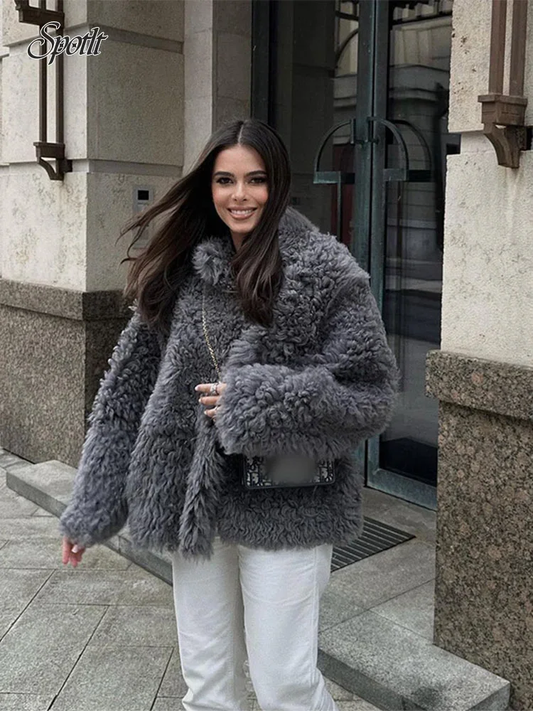 Elegant Grey Thicken Faux Fur V Neck Coat Women Fashion Long Sleeve Plush Warm Cardigan Jacket 2024 New Female High Streetwear