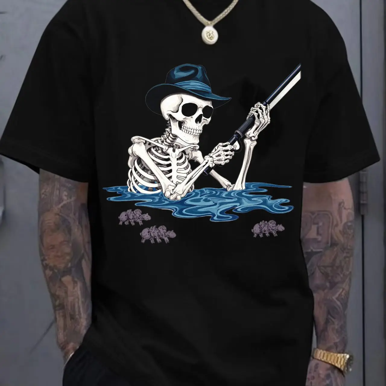 White T - shirt with Skeleton Graphic: Skeleton in Dark Blue Fedora Holding Rifle (Shotgun) Over Blue Wavy Water, Spider - Bug -