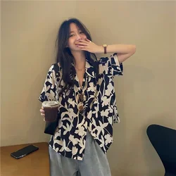 Summer New Printing Loose Trend Shirt Tops Short Sleeve Polo Neck All-match Youth Vintage Blouse Fashion Casual Women Clothing