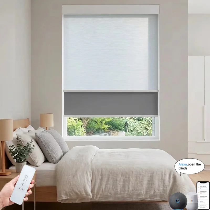 Electric Double Roller Shades Sunscreen Blackout Alloy Valance Zigbee Tuya Rechargeable Motor Dual Roller Blinds For Bedroom