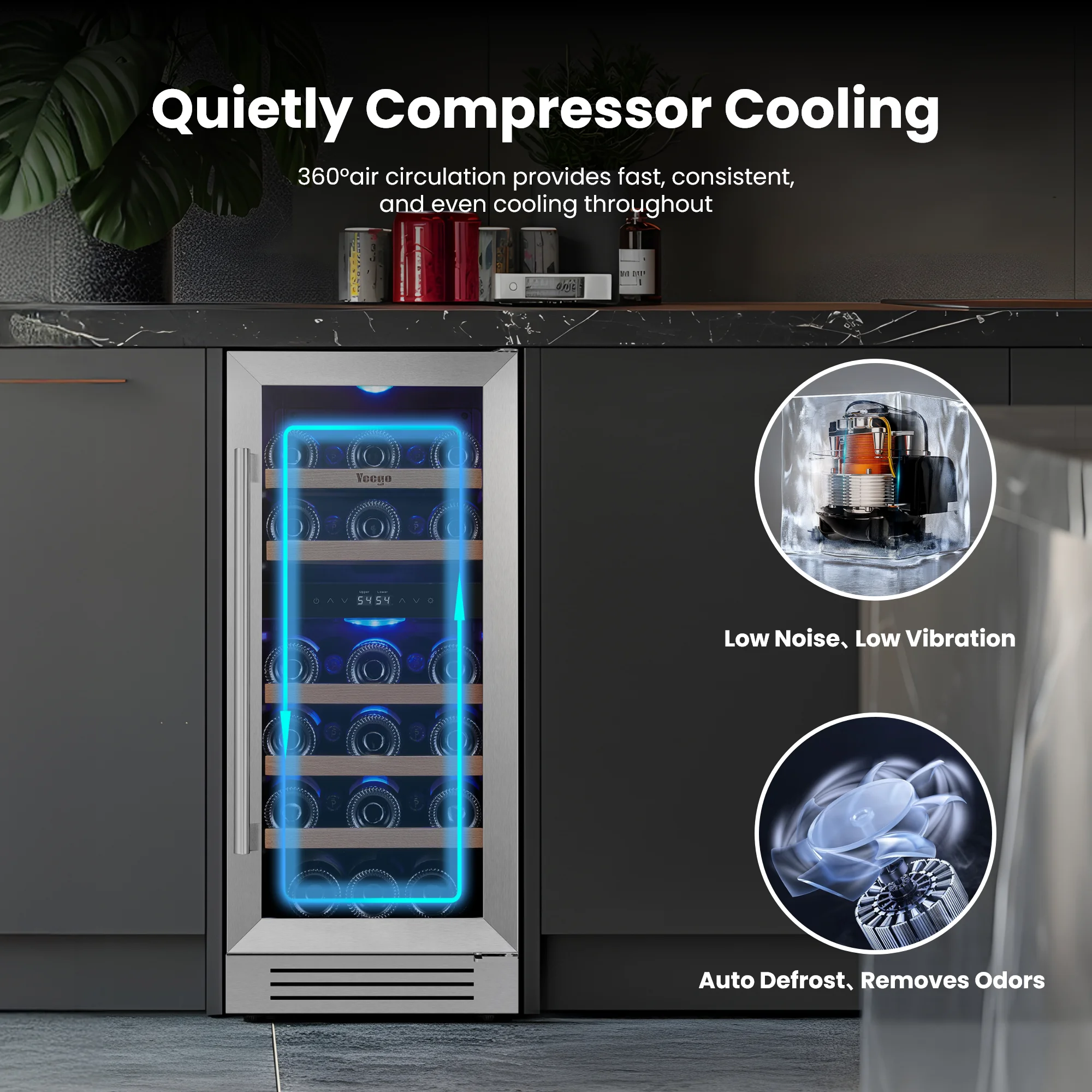 Yeego 85L Wine Cooler Refrigerator – 28 Bottles Adjustable 5-18°C Fan Cooling Auto Defrost Blue LED Stainless Steel Glass Door