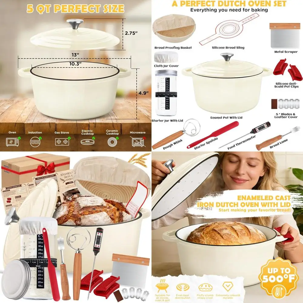 

5-Quart Enamel Dutch Oven with Lid, Includes Sourdough Bread Accessories: Banneton, Starter Jar, Lame Knife, Oven-Safe to 500°F