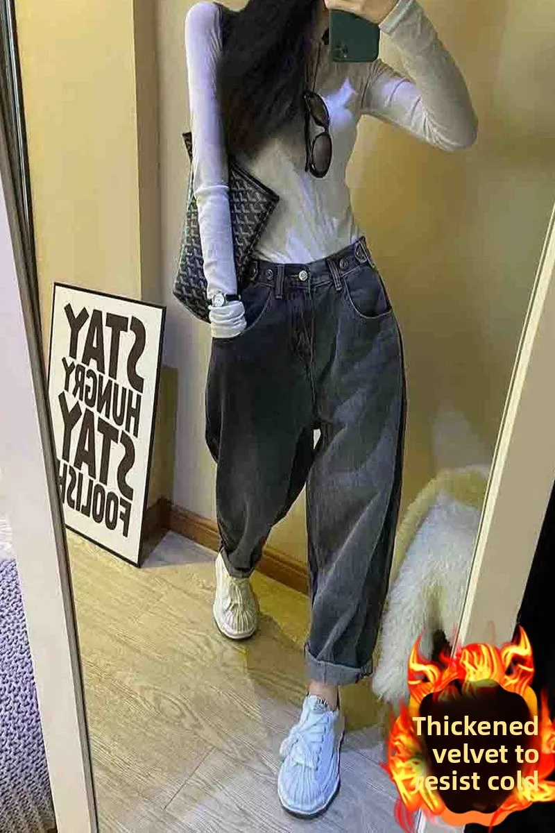 

Джинсы женские с высокой талией, осенние, новые, свободного кроя, стройнящие, с цветными вставками, больших размеров, с эластичным поясом, джинсовые брюки