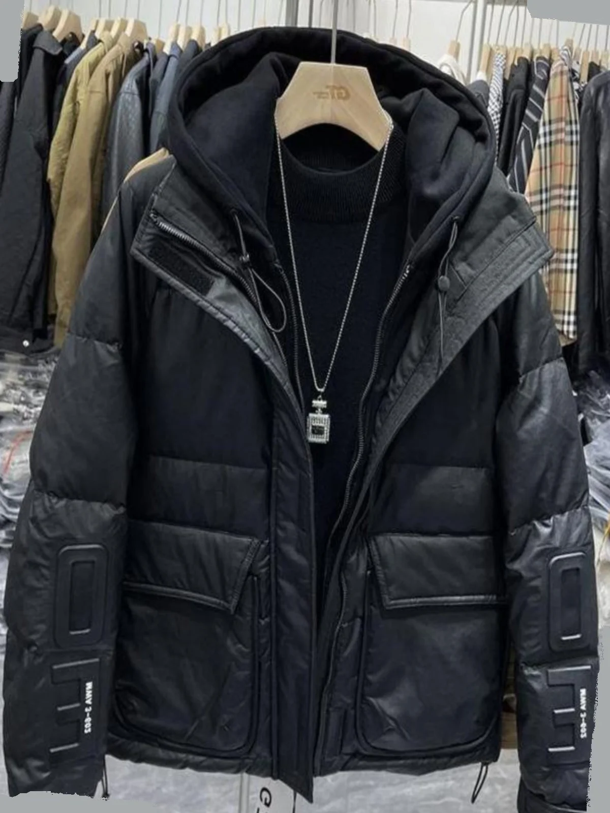 

Winter Thiened Hooded Patchwork Fake Two-Piece down Jaet PU Leather Men's Faion White Du down Coat Warm Youth