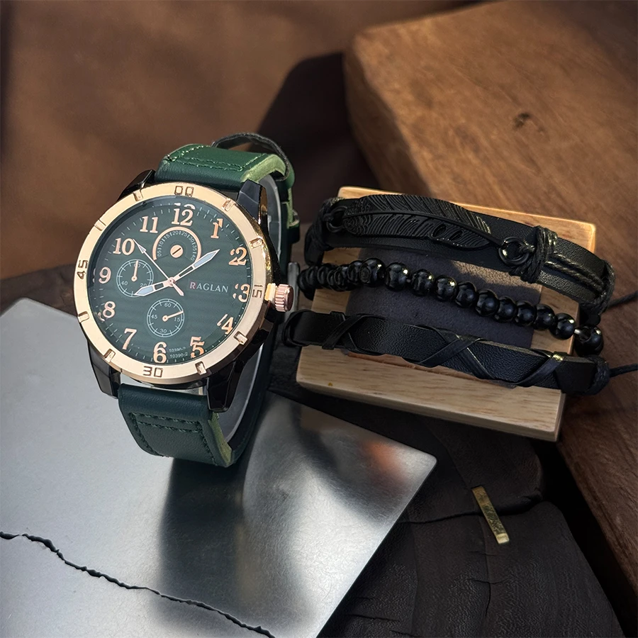 Bracciale da uomo 4 pezzi con perline e tessitura di piume, orologio al quarzo con ali naturali in stile industriale retrò per tutte le quattro stagioni