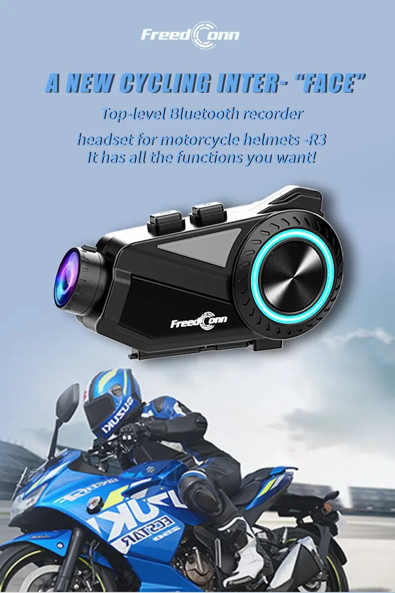 FreedConn R3 Bluetooth Headset for Motorcycle Helmet with 2K Camera Recorder