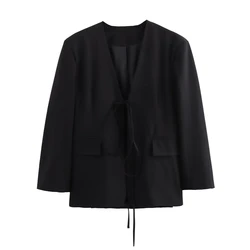 Taop&Za 2024 Summer Women's Korean Edition Loose V-neck Shoulder Drop Long sleeved Bow Tied Suit Coat