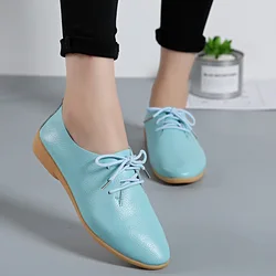 Plus Size 35-44 Shoes for Women Spring Autumn Women Genuine Leather Lace Up Flat Shoes Casual Ladies Comfortable Loafers Shoes