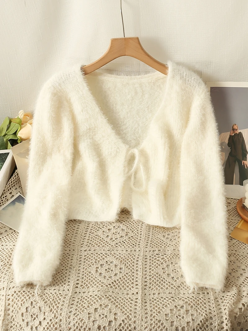 

Women Lace Up V-neck Plush Knitted Cardigan Autumn Winter New Korean Version Sweet Versatile Look Thin Sweater Long Sleeve Top