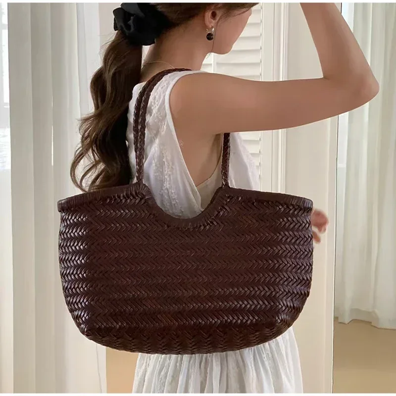 Rattan-Geflecht-Shopper-Korb-Tragetasche für Damen, französische Vintage-Handgewebte Schultertasche, große Strand- und Urlaubshandtasche – Detail 5