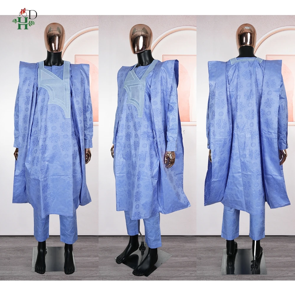 H&D African Traditional Muslim Ramadan Embroidery Wedding Party Thobe Bazin Riche Outfits 3PCS Robe Suit No Cap For Men Agbada
