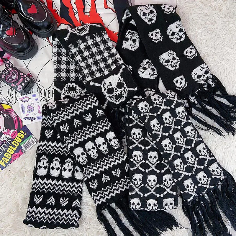 Halloween Skull Scarf Gothic Winter Knitted Black Dark Shawl Acrylic Tassels Harajuku Skeleton Wrap with Fringes for Women Men