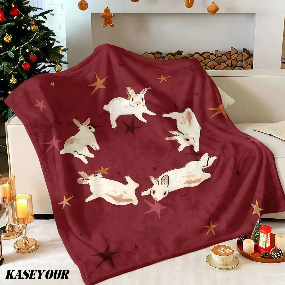 Red Background Rabbit Star Winter Summer Flannel Blanket Throw Fleece Soft Fuzzy Plush Cozy Fleece Blankets for Sofa Ideal Gifts