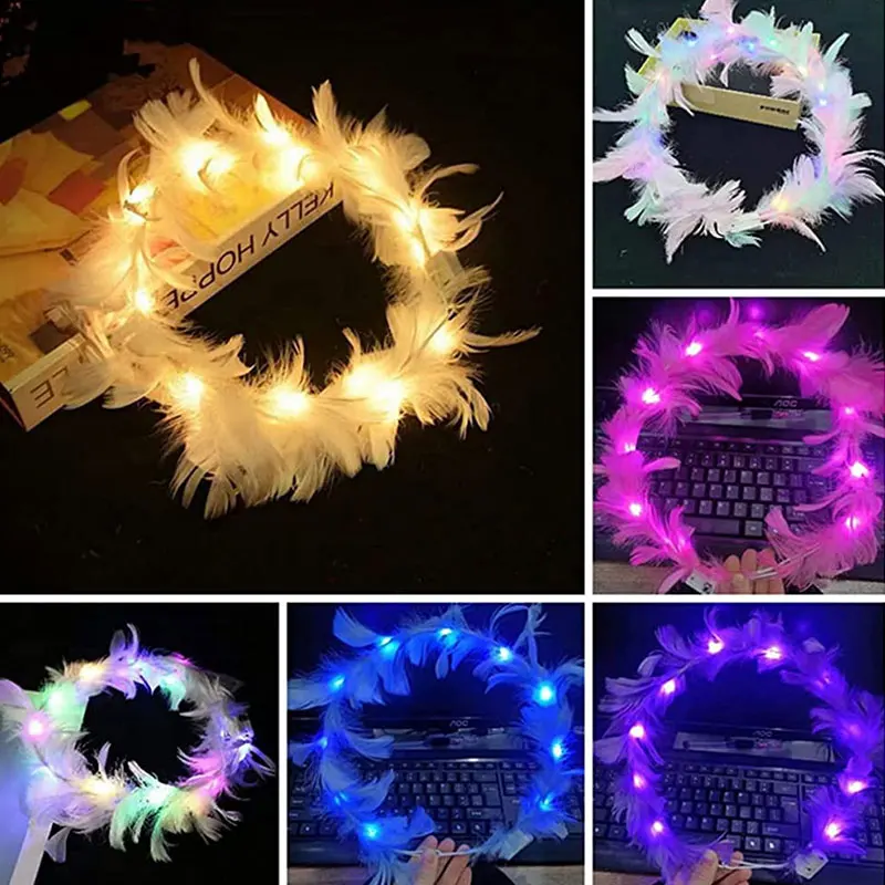 6pcs Flower Crown Led Feather Crown Headband Luminous Light Up Feather Angel Crown Wreath Headbands Wedding Festival Party