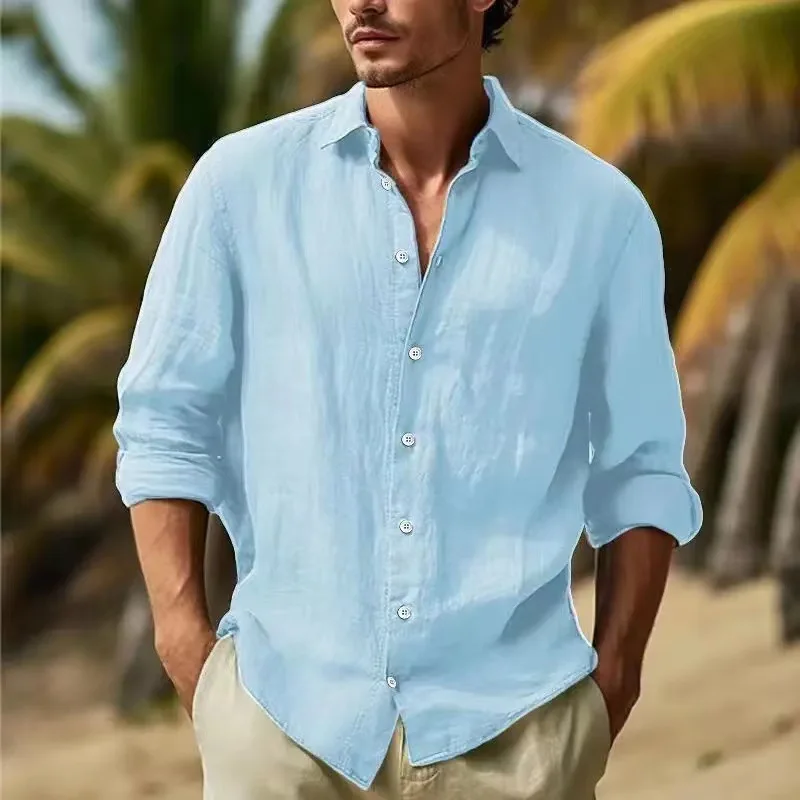 Men's long-sleeved button-down shirt - fully buttoned, solid color, relaxed casual summer/ spring beach everyday top