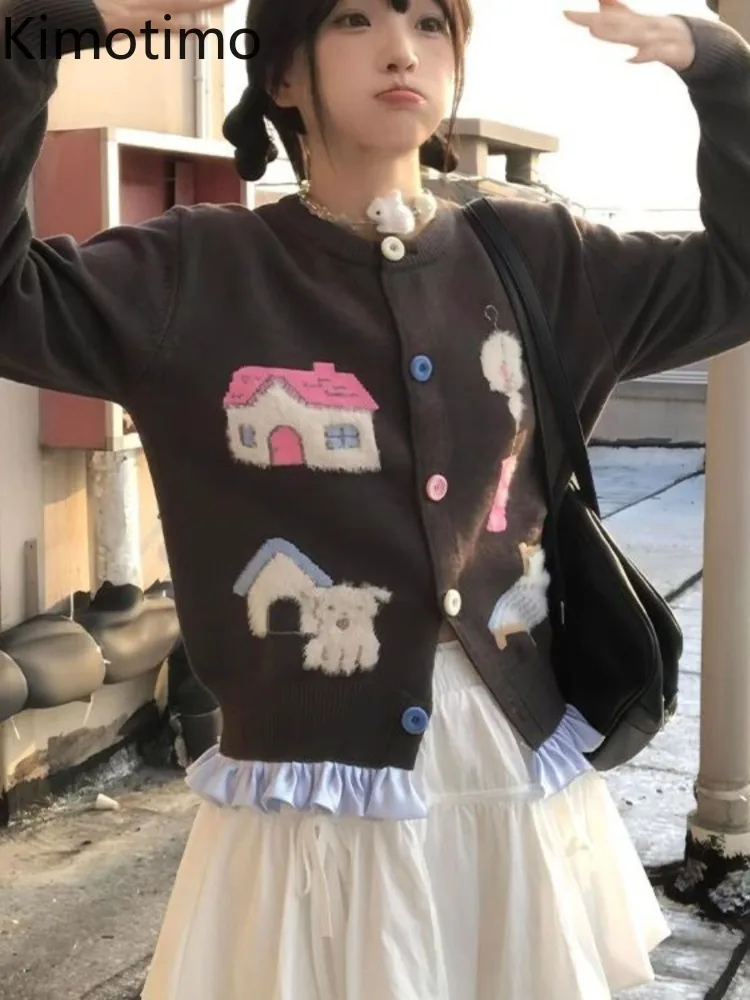 

Kimotimo, осенне-зимний жаккардовый вязаный кардиган, женский винтажный свитер с круглым вырезом в стиле пэчворк, оборками, свитер с длинными рукавами, пальто, милые топы Y2k
