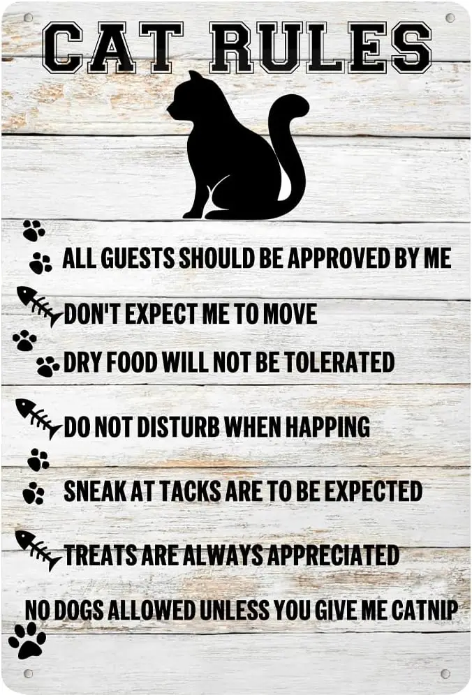 Skyocean Funny Cat Rules Metal Tin Sign Wall Decor Rustic Farmhouse Cat Signs with Sayings for Home Decor Gifts 8 x 12 inch sign