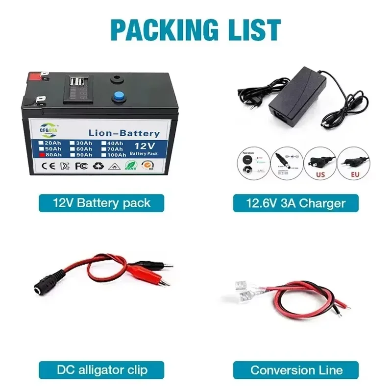 NEW 12V 100Ah 18650 lithium battery pack built-in high current 30A BMS for sprayers electric vehicle batterie+12.6V charger
