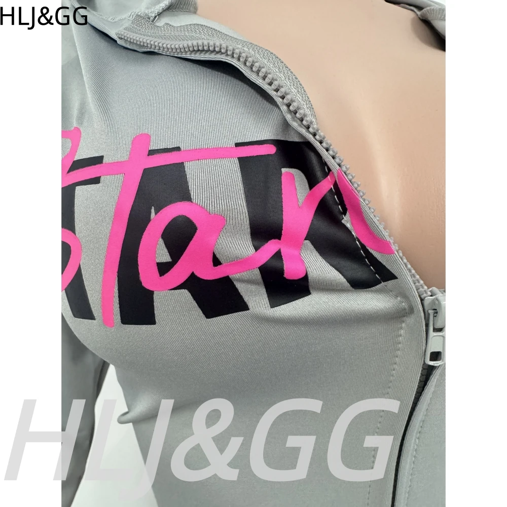 Zestaw dwuczęściowy HLJ Fashion z nadrukiem liter, dla kobiet, bluzka crop top na zamek z paskami i patchworkiem oraz spodnie typu flare, pasujący strój streetwearowy dla kobiet.