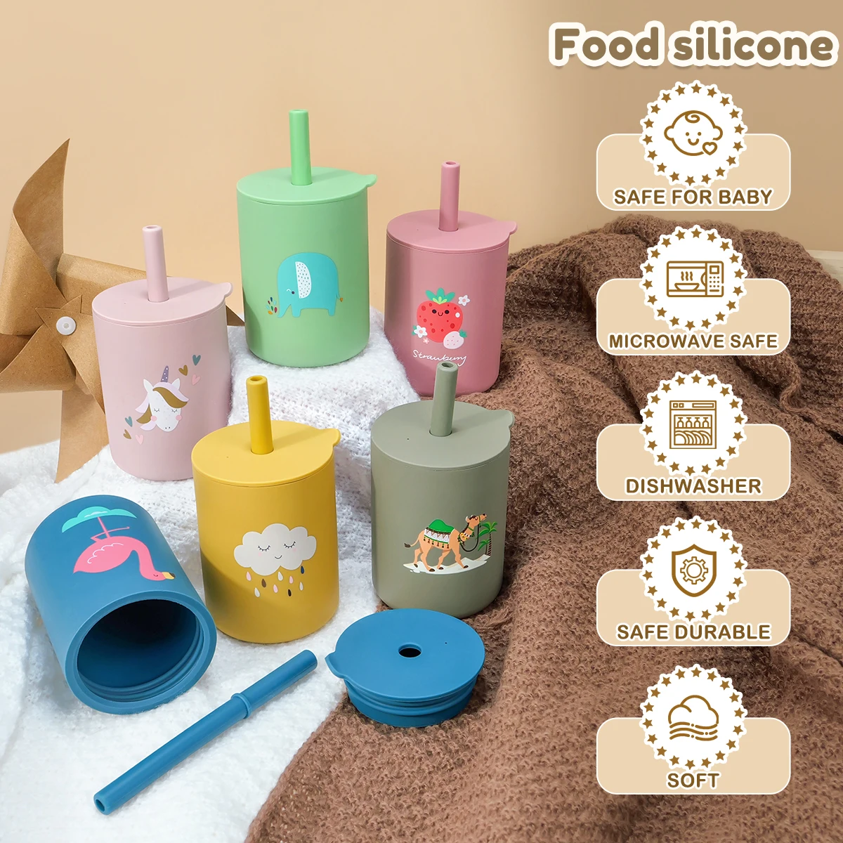 كوب بقشة لتغذية الأطفال، زجاجات تغذية تعلم الطفل، أدوات مائدة سيليكون مضادة للتسرب، زجاجة مياه للأطفال الصغار
