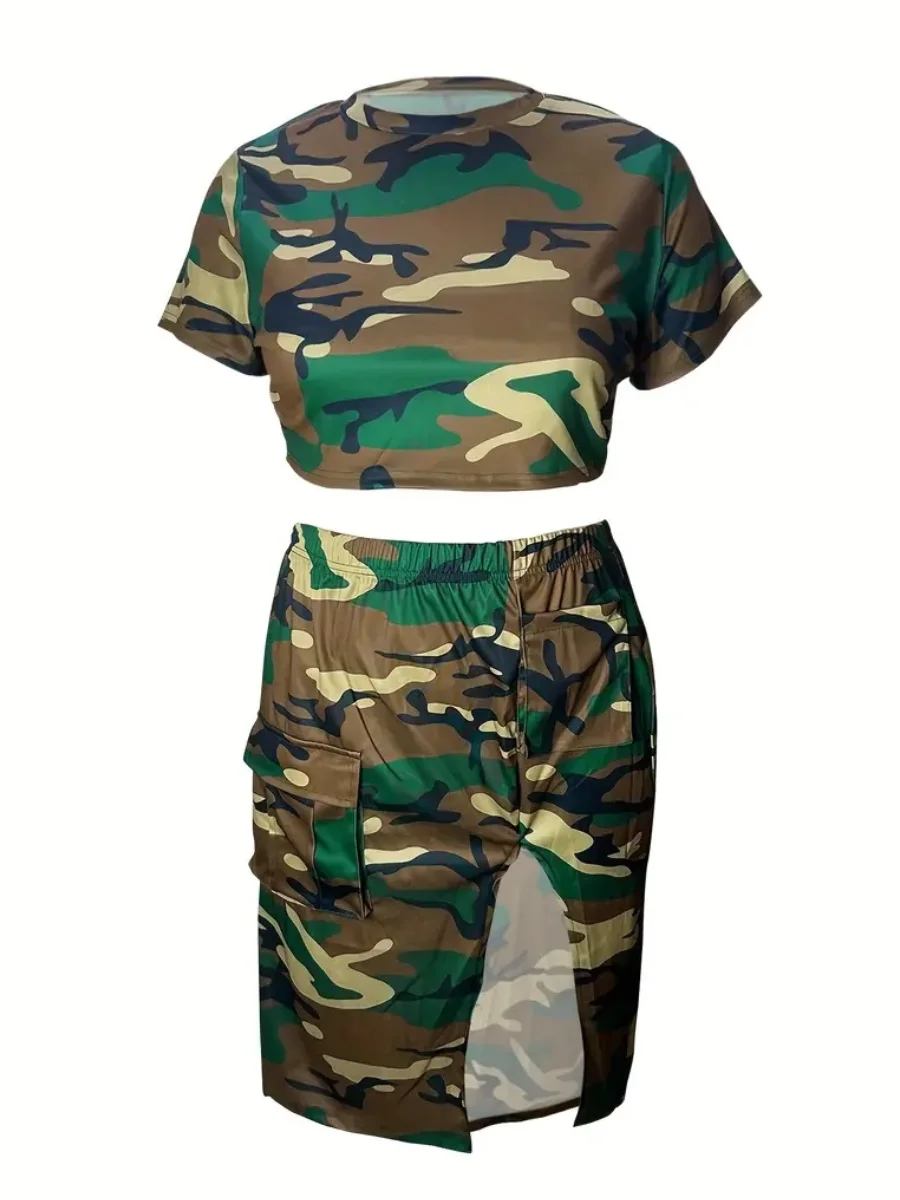 Conjunto feminino de saia midi, plus size, moda primavera e verão com estampa lw-camo de manga curta e fenda da coxa