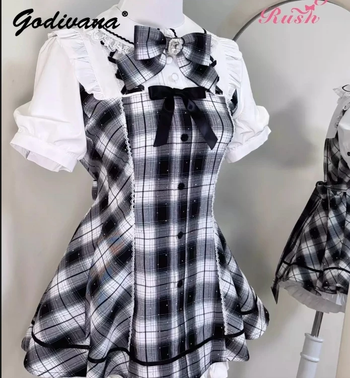 Original Spring and Summer Women's Lolita Shorts Set Sweet Girls Short Sleeve Hot Drilled Plaid Shirt Top + Short 2 Peice Suits