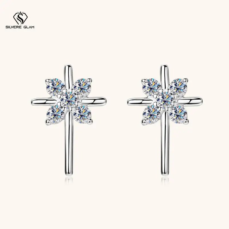 

SG 925 Sterling Silver Moissanite Stud Earrings Snowflake Cross Gothic Ear Jewelry For Women Men D VVS1 Fine Jewelry Gift