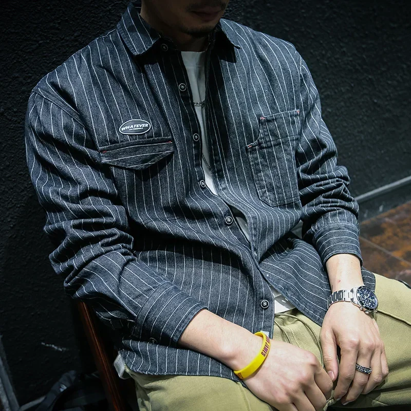 남성용 데님 스트라이프 긴팔 셔츠, 루즈 라지 사이즈 캐주얼 셔츠, 빈티지 아메리칸 헤비 코튼 카고 셔츠 코트, 작업복