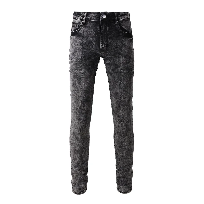 Men's Slim Fit Distressed High Streetwear Stretch Gray Black Quality Blank Ripped Jeans Pants Men