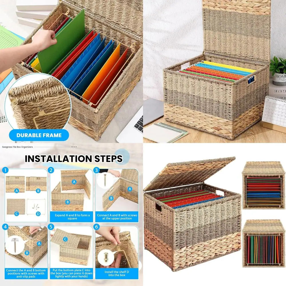 

Large Seagrass Basket Organizer, 18x16x13 inches, Wicker Storage for Home or Office, Multicolored Decorative Hanging File Cabine