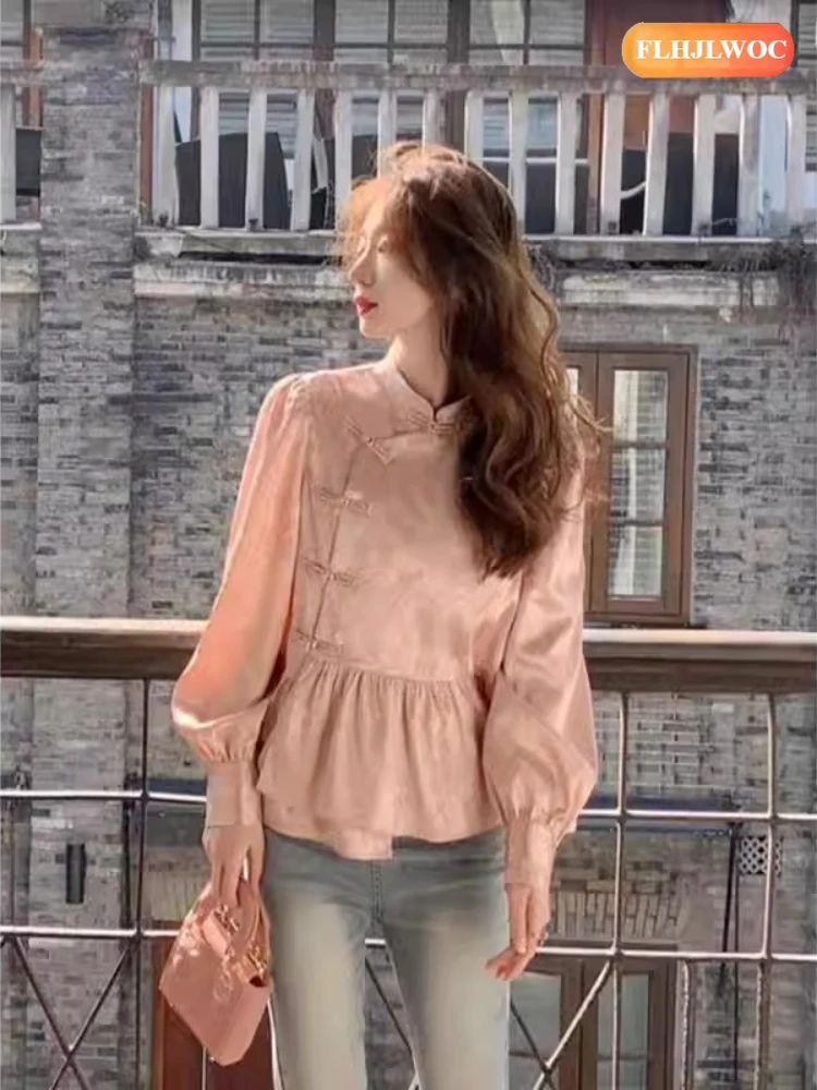 Rosa gola topos estilo chinês chi-pao blusas mulher nova 2026 primavera festa de casamento retro vintage barriga peplum camisas brancas