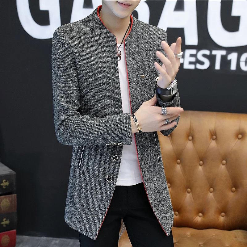 

Мужское осенне-зимнее повседневное модное шерстяное пальто-куртка, длинное, однотонное, для работы, молодежное, с воротником-стойкой