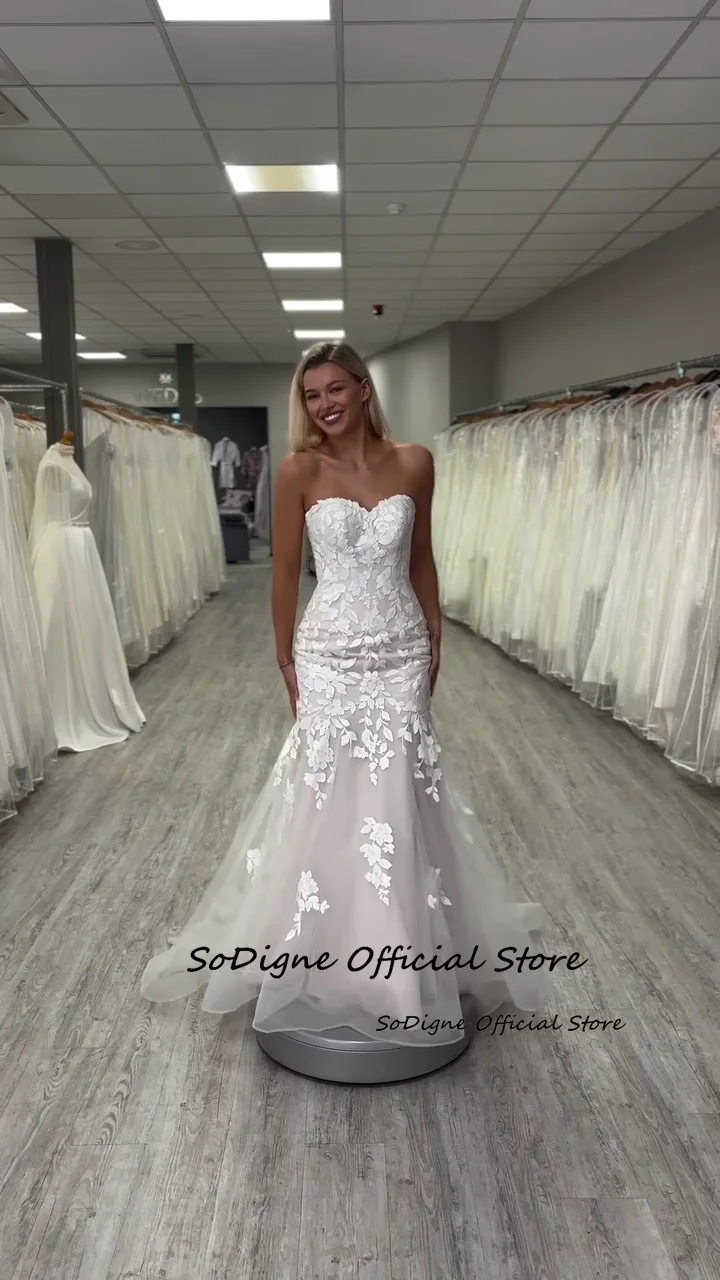 Sodigne sereia apliques vestidos de casamento querida sem mangas tule vestido de noiva longo vestido de novia personalizado