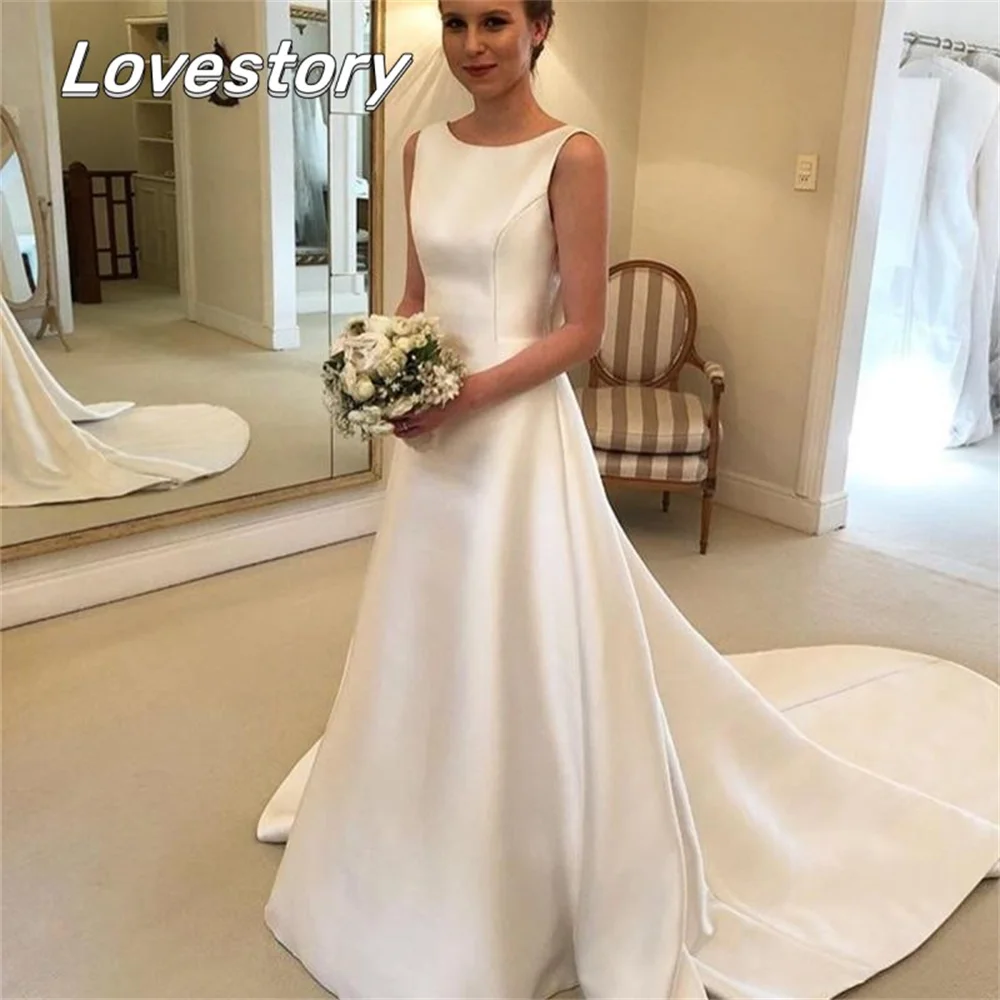 

Simple Beach A-Line Wedding Dresses Sleeveless Bride Robes Backless Scoop Neck Bridal Gowns BIg Bow Satin Vestidos De Noiva