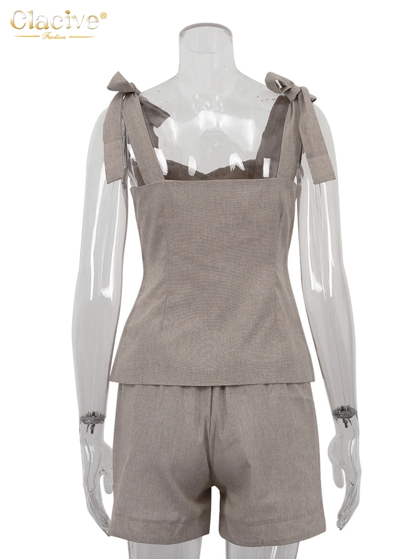 Clacive Summer Slim Khaki Cotton Women\'s Two Pieces Set 2025 Fashion Sleeveless Tank Top With High Waist Shorts Set Female