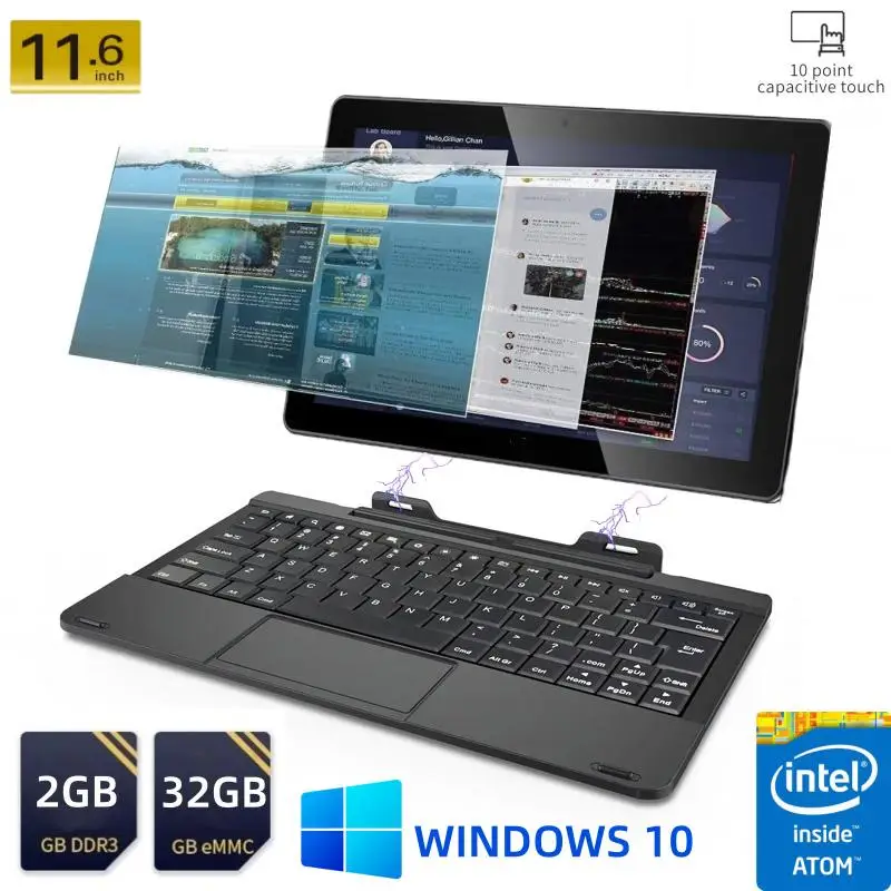 Vendas quentes tablet windows 10 de 11.6 polegadas com teclado de encaixe 32 bits intel atom X5-Z3735F 2gb + 32gb quad core 1366x768 ips
