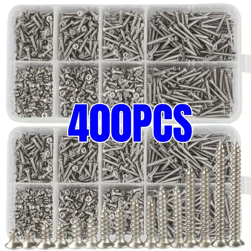 400pcs Self Tapping Wood Screws Set Flat Head Sheet Metal Screw Self Tapping Screws Assortment Kit