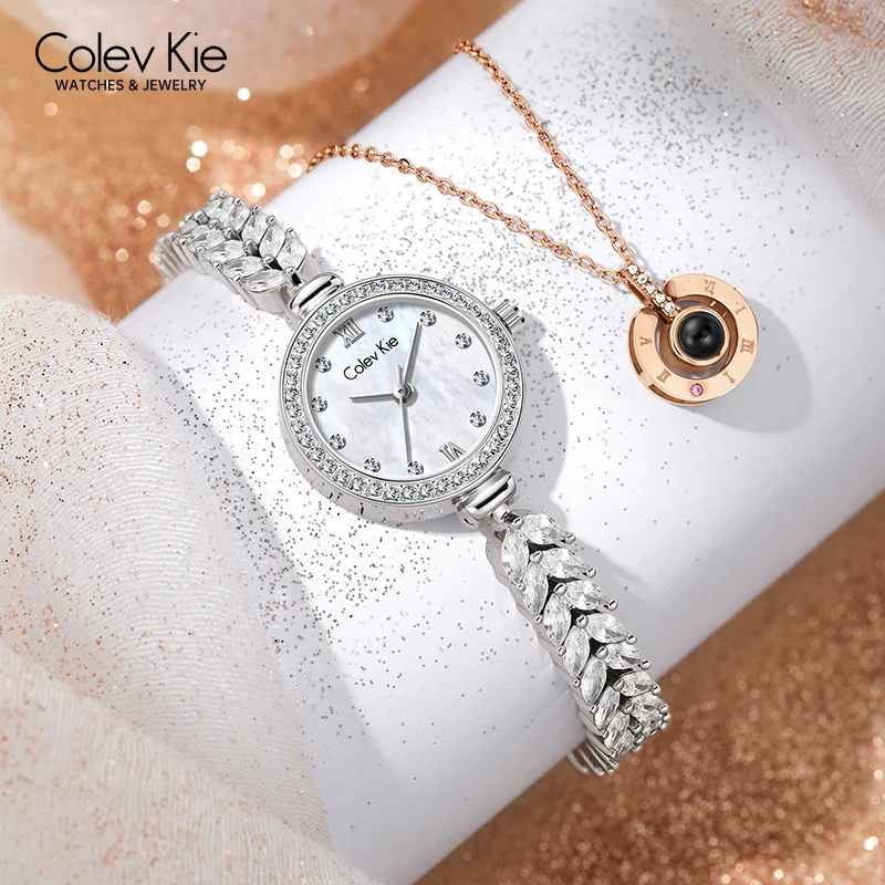 ColevKie Woman Watch Silver Diamond Bracelet Strap Round Quartz Watch Elegant Dress Casual Fashion Ladies Wristwatch Gift Sets