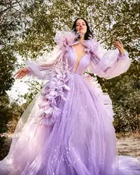 Visionary Shiny Sky Stars Women Dresses To Party Lavender 3D Flower Bridal Dresses Long Puff Sleeves Pretty Tulle Prom Gowns