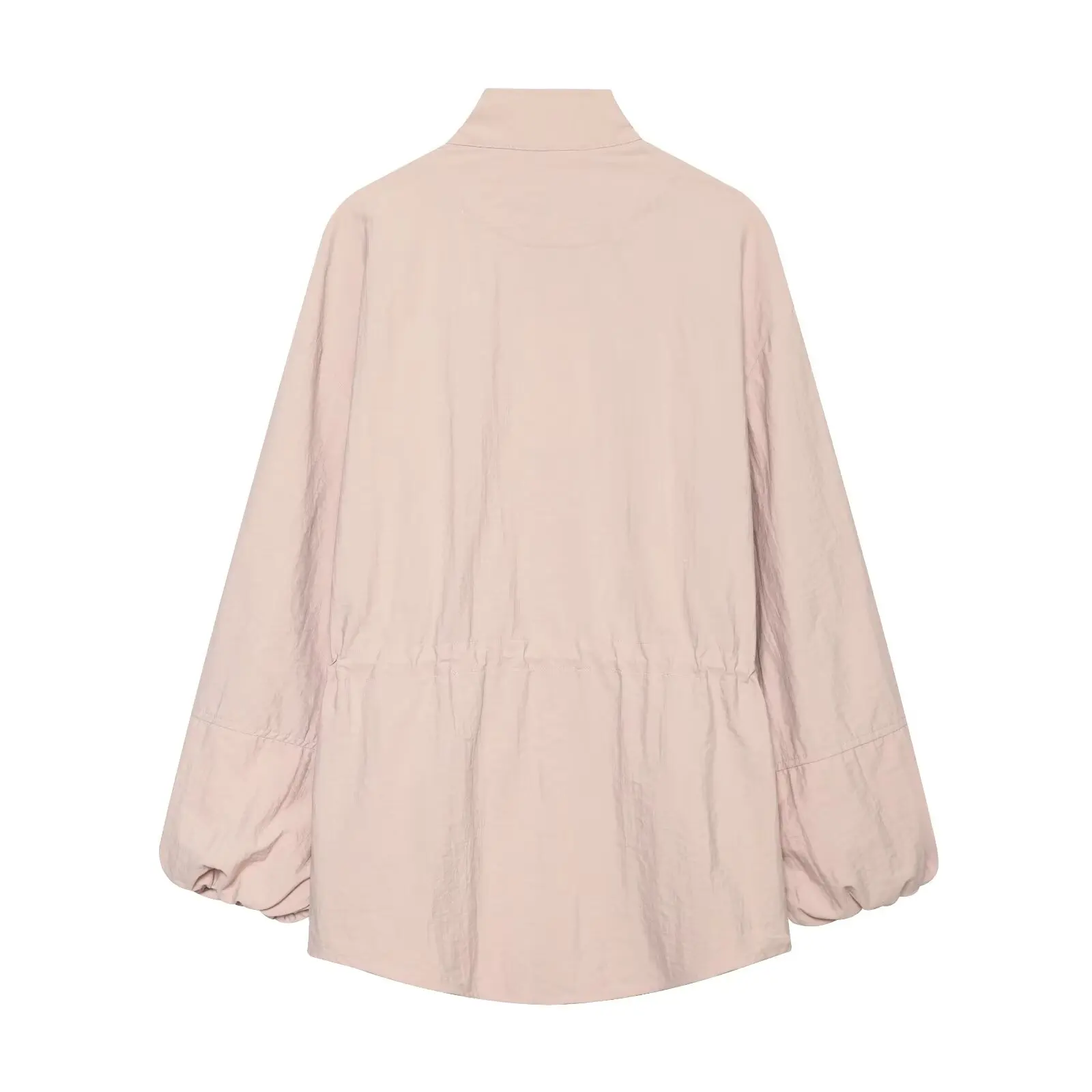 BSAY Autumn Women Stand Collar Field Jacket Long Sleeve Drawstring Waist Lantern Cuff Snap Button Loose Solid Casual Outer Coat