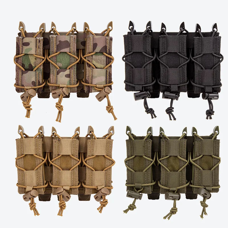 Tactical Triple Rifle Mag Pouch MOLLE Open Top 9mm Magazine Holder Elastic Cord Lock for Hunting Shooting Vest Belt Accessories